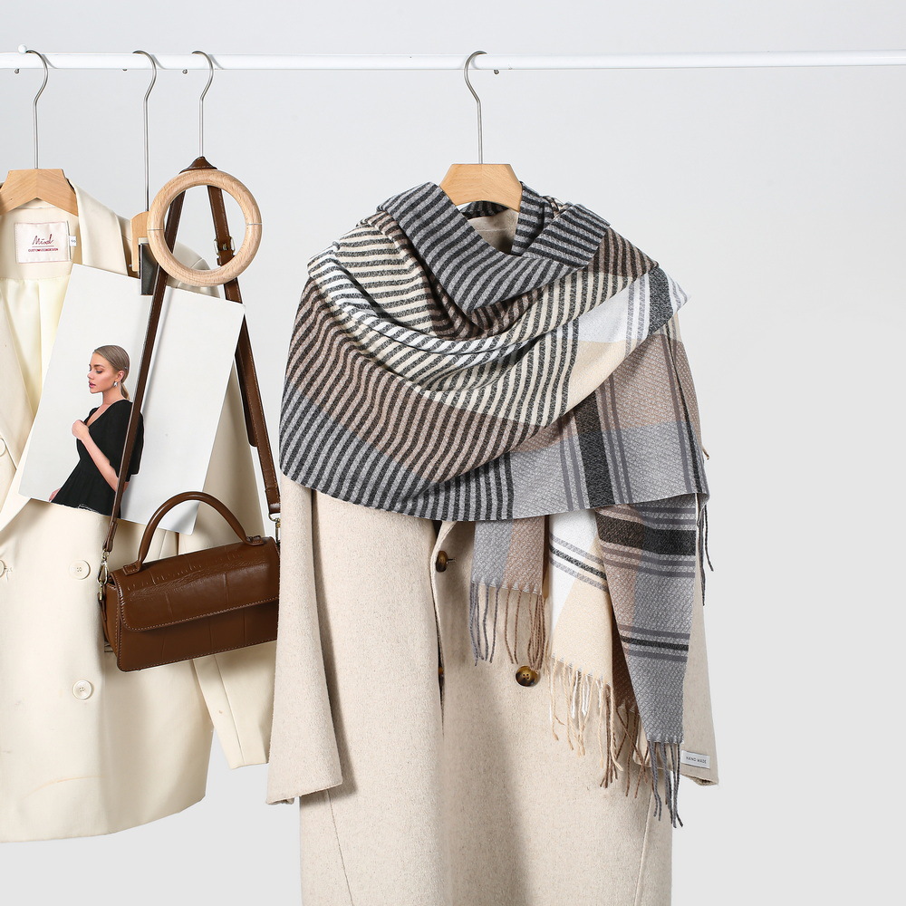 Neuer Herbst- und Winterschal mit horizontalen Streifen und Quaste, warmer Schal für Männer und Frauen, der gleiche Kaschmirschal_voghion.com