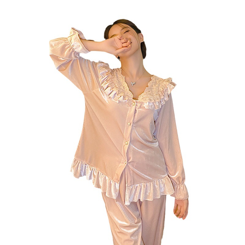 [Terciopelo de oro] Otoño e Invierno Nueva Red de encaje rojo pijamas de las mujeres dulces pantalones de manga larga ropa para el hogar ropa exterior traje de dos piezas