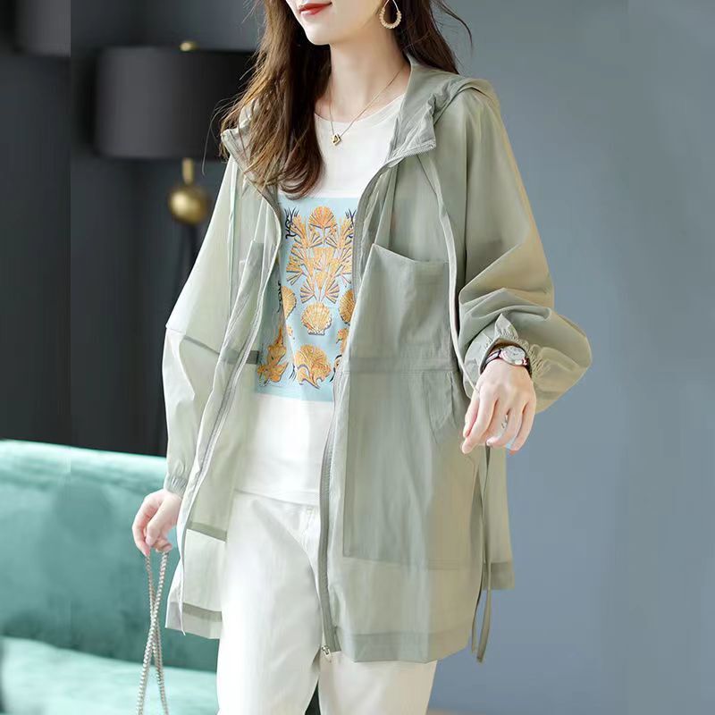 Sun Protection Clothing for Women, New Drawstring Waist, Mid-Length Long-Sleeved Thin Windbreaker, Anti-Uv Cardigan Outer Jacket