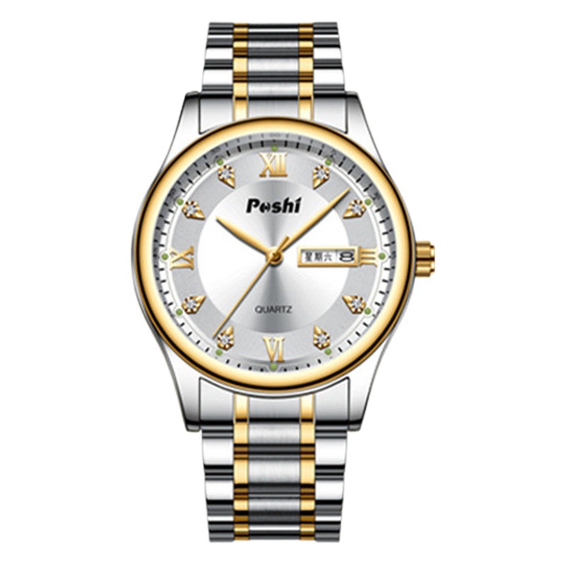Poshi nueva moda reloj de cuarzo para hombre doble calendario pantalla correa de acero impermeable reloj de cuarzo luminoso
