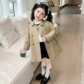 女童韩系英伦风中长款风衣外套春季2026新款洋气儿童翻领休闲大衣