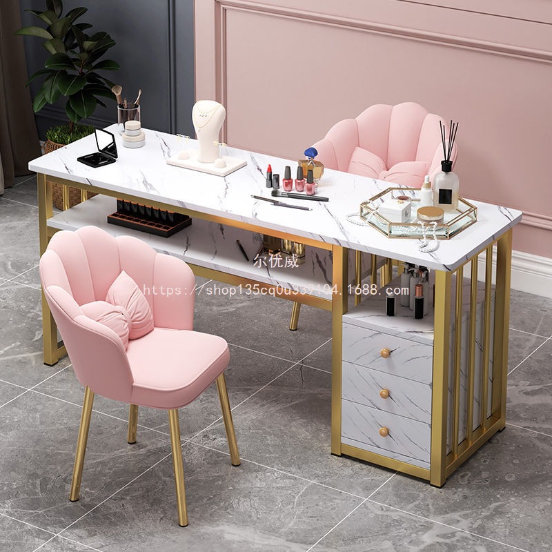 Eryouwei mármol red manicure ligera de lujo mesa japonesa simple mesa de manicure mesa y silla conjunto de imitación de doble