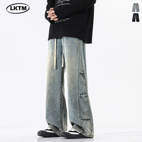 LKTM Men's #American Street Washed Patchwork Denim Pants Men's Loose Drawstring Multi-purpose Wide Leg Casual Long Pants 