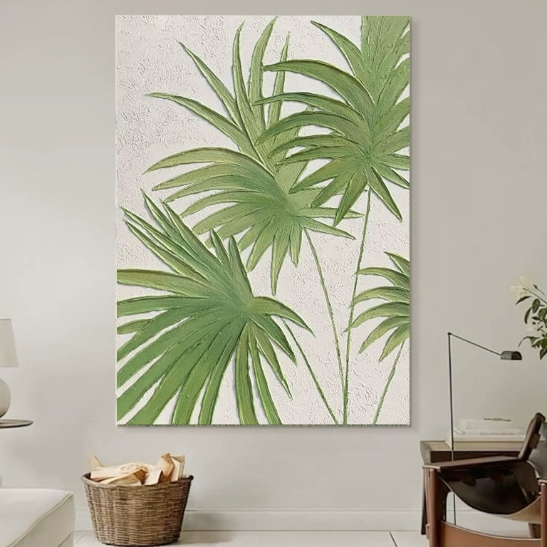 Home Daye Big Green Plant Hand-Painted Textured Oil Painting Normcore Cream Style Decorative Painting Hanging Painting Pure Hand-Painted