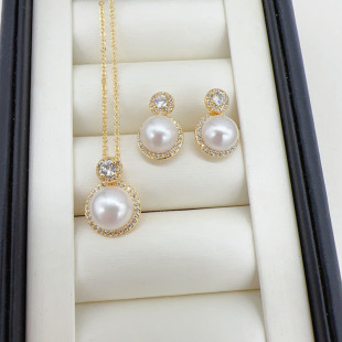 Natural Freshwater Pearl Micro-inlaid Zircon suit 14K Gold Princess Earrings Necklace Anti-allergy Women's Fashion Accessories