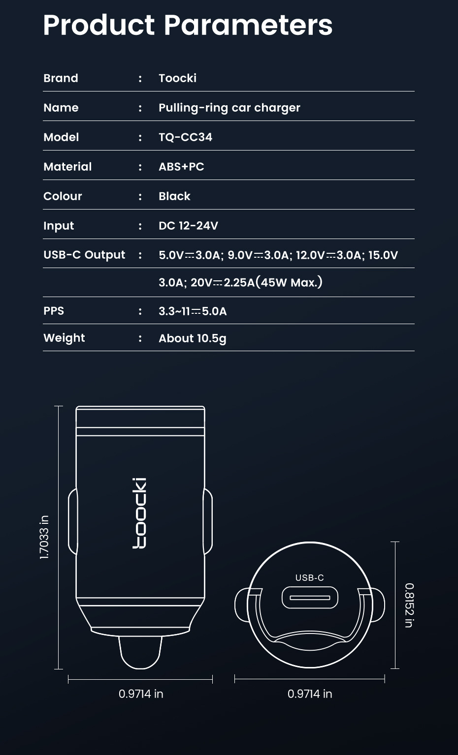 Toocki 45W Mini Pull-Tab Car Mobile Phone Charger Type-C Fast Charging Suitable for Samsung Pps Car Charger