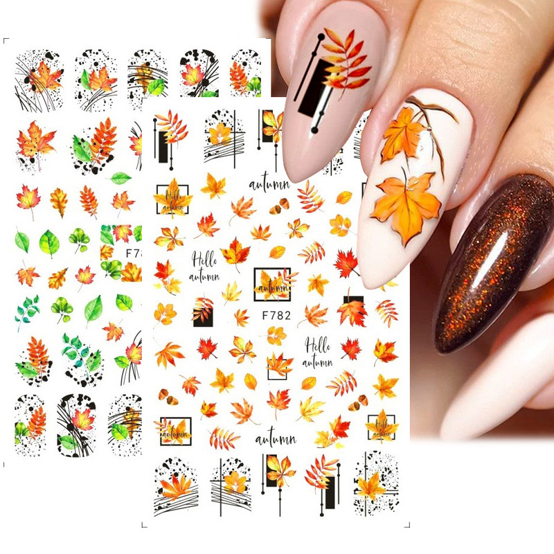Cross-border New Nail Art Stickers ins Autumn Maple Leaf Art Lines Flowers Maple Leaf Thanksgiving Adhesive Nail Stickers