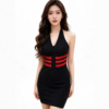 性感挂脖+腰部红色拼接，红黑撞色修身挂脖连衣裙
