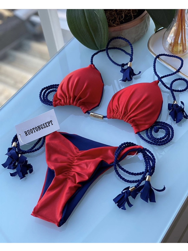 105g Weight Polyester Fabric Type split swimsuit Tops Type Swimming Pool, Beach Occasion Stripe, Solid Color Pattern Women's Gender Drawstring Craft Women's Stripe Solid Color 2 Pieces Set Bikinis Swimwear 26