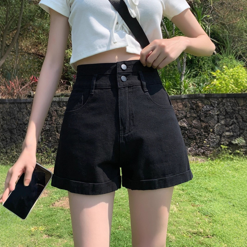 Black Denim Shorts for Women, Thin Summer 2025 New High-Waisted Slimming Hot Girl Loose A-Line Wide-Leg Hot Pants
