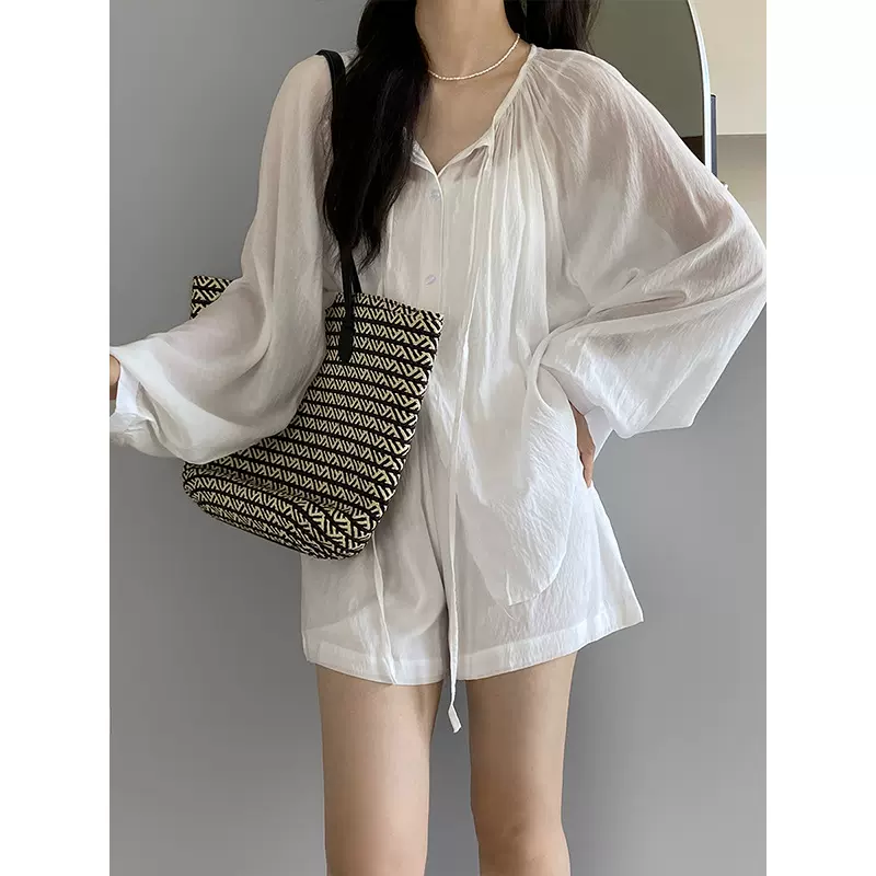 江左 洋气套装老钱抽绳防晒衬衫女夏灯笼袖开衫+短裤两件套0230