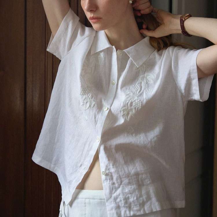 2025Ss 100 Natural Linen Heavy-Duty Embroidered White Short-Sleeved Shirt for Women