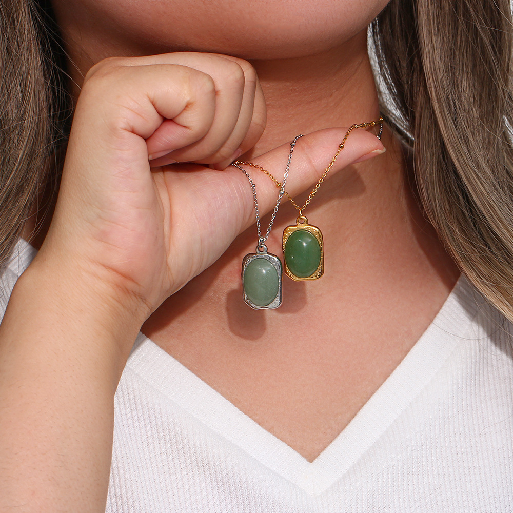 Vintage Style Oval Stainless Steel Plating Natural Stone Pendant Necklace_colorza_7