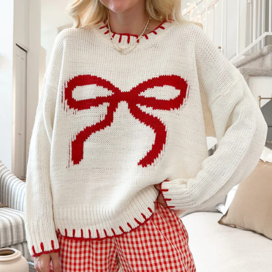 2025 European and American Foreign Trade New Lazy Style Pullover Knitted Top Bow Jacquard Loose Outer Wear Sweater for Women