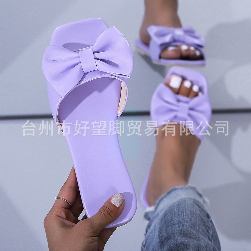 2021 Summer New Large Size Foreign Trade Women's Shoes Bow Square Head Low Heel Women's Slippers for Foreign Trade