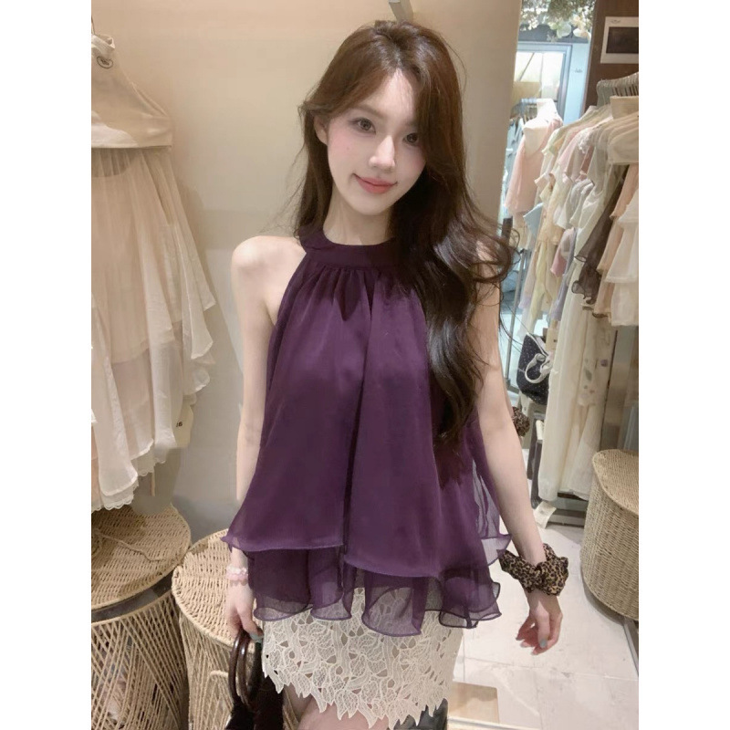 Nuo Chu Sweet and Spicy Style Backless Ruffled Halter Top for Women, French Pure Desire Sexy Design, Slimming and Versatile Sleeveless Top