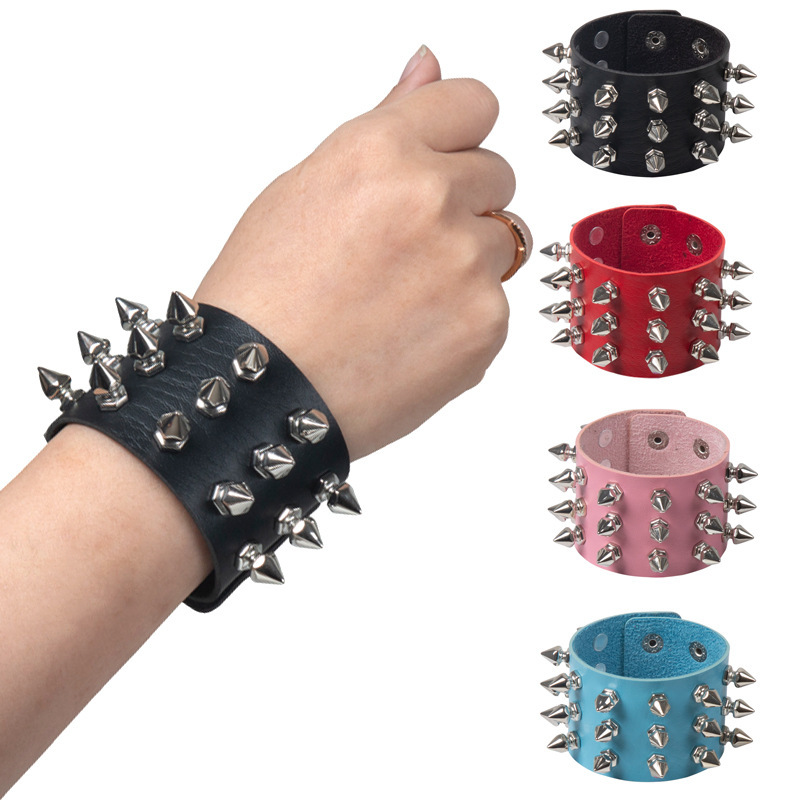 Cross-border hot European and American punk style exaggerated pointed rivet bracelet Gothic leather bracelet factory direct sales