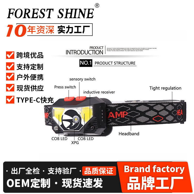 Transfronterizo nuevo faro de inducción LED fuerte luz recargable montado en la cabeza noche corriendo pesca mini COB pequeño faro al por mayor