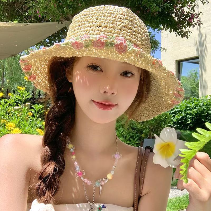 田园风花朵编织草帽女夏季沙滩海边度假渔夫防晒帽大檐遮太阳帽子