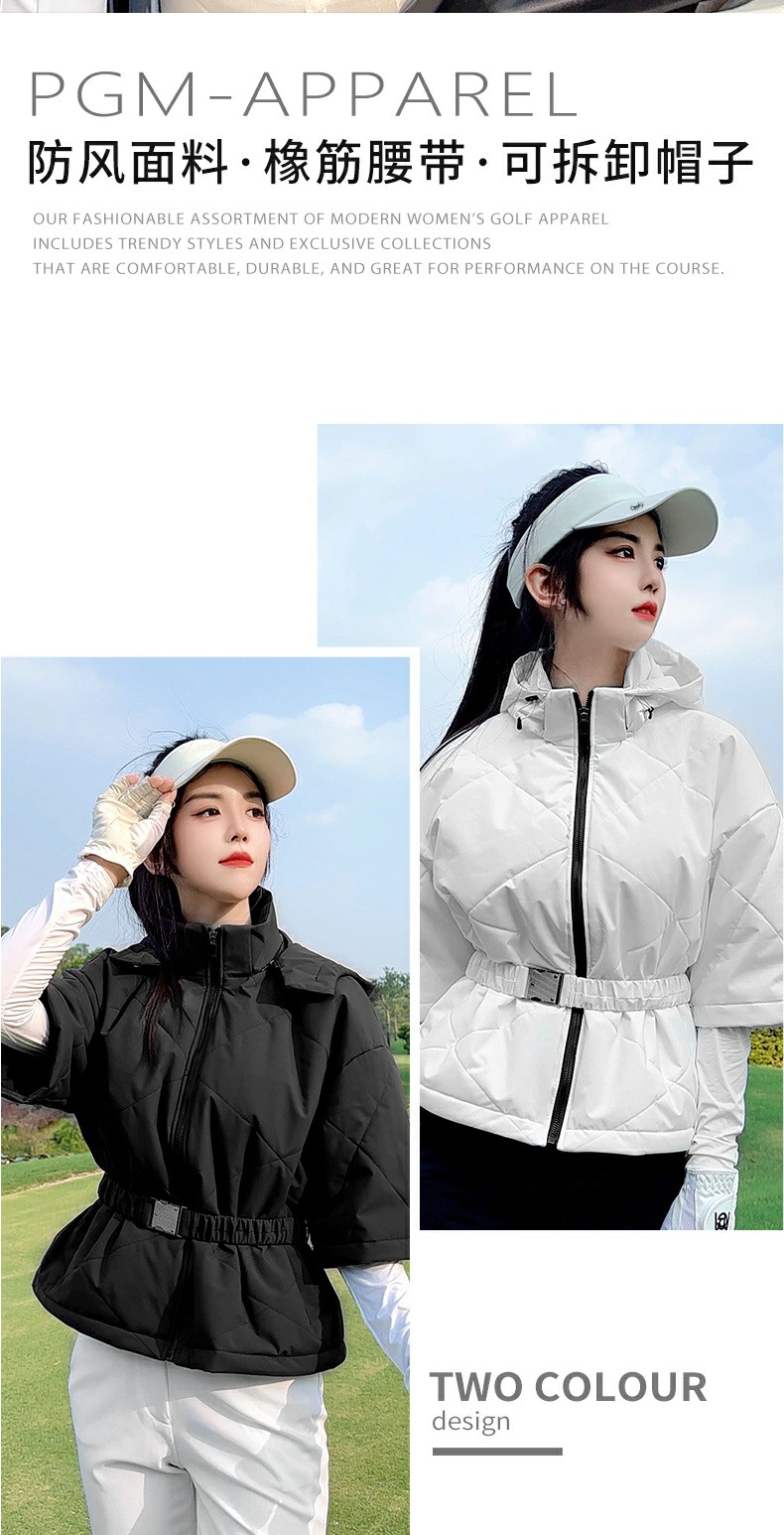 Áo khoác bông golf nữ chống gió mũ liền tháo rời dáng ngắn — YF765 [mũ chống gió và ấm/có thể tháo rời] áo khoác cotton ngắn màu trắng, YF765 [mũ chống gió và ấm/có thể tháo rời] áo khoác cotton ngắn màu đen chi tiết 6