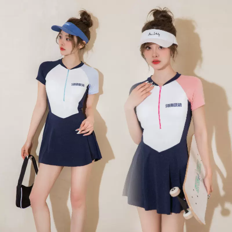 2023新款连体泳衣女士纯欲风保守显瘦遮肚专业运动拼色游泳衣批发