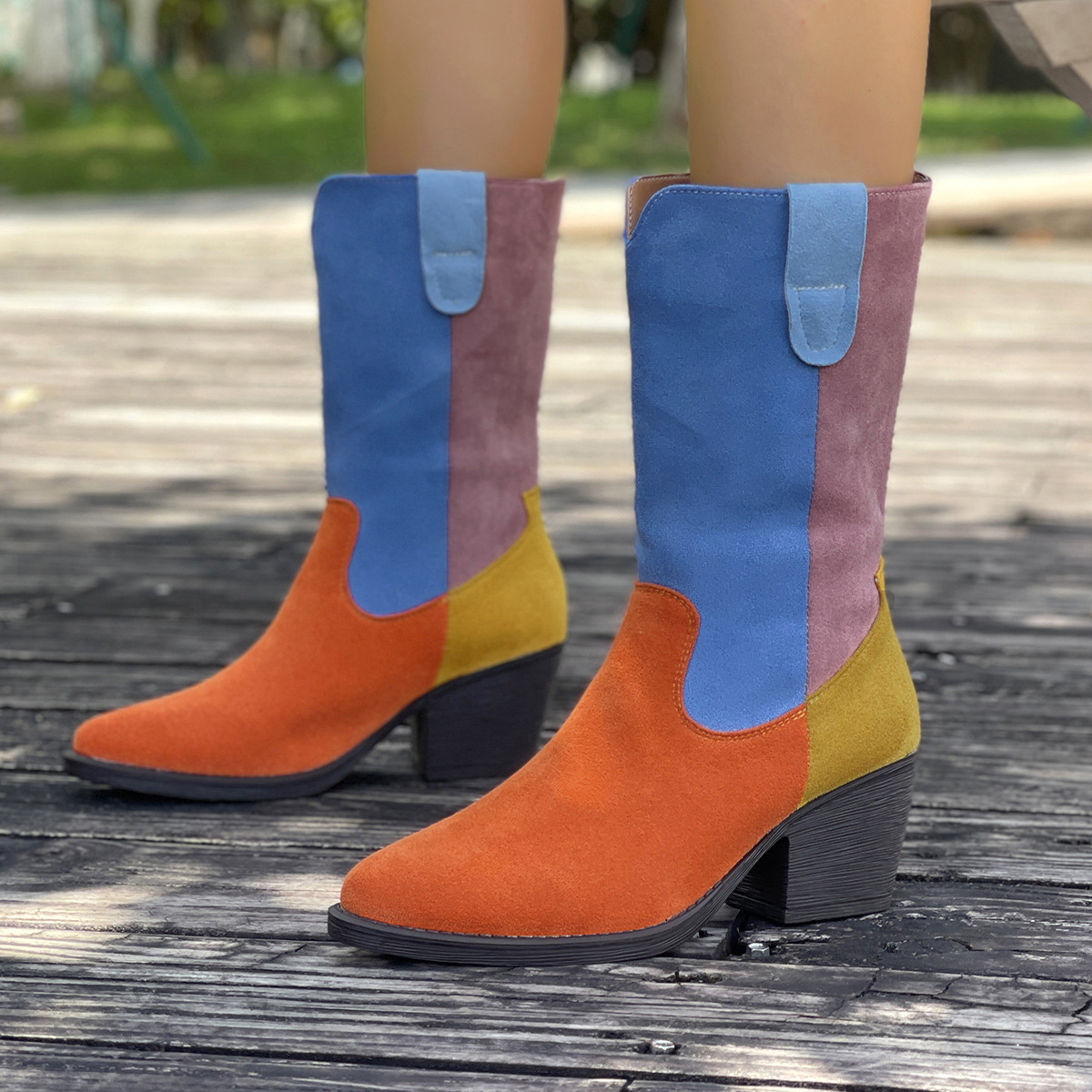 Women's Color Blocked Pointed Toe Riding Boots plus Size Slip on mid Heel Western Style Shoes for Autumn_voghion.com