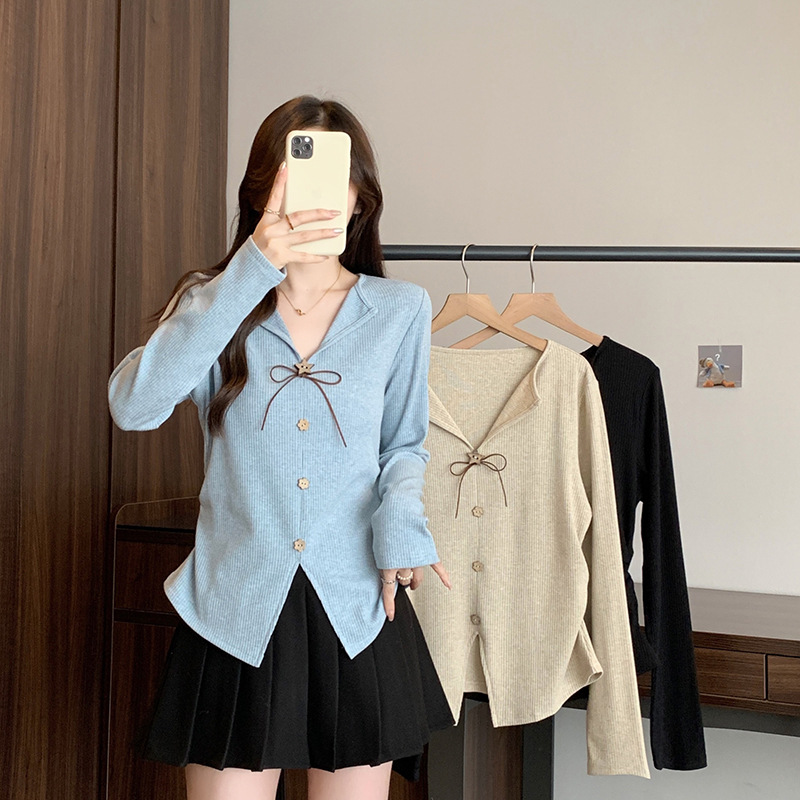 2026 Autumn New Style Plus-Size Women's Sweet Three-Dimensional Floral Bow Waist-Cinching Long-Sleeve Knit Top