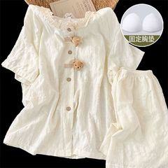 夏季睡衣女款云朵棉开衫带胸垫短袖短裤可外出家居服套装跨境批发