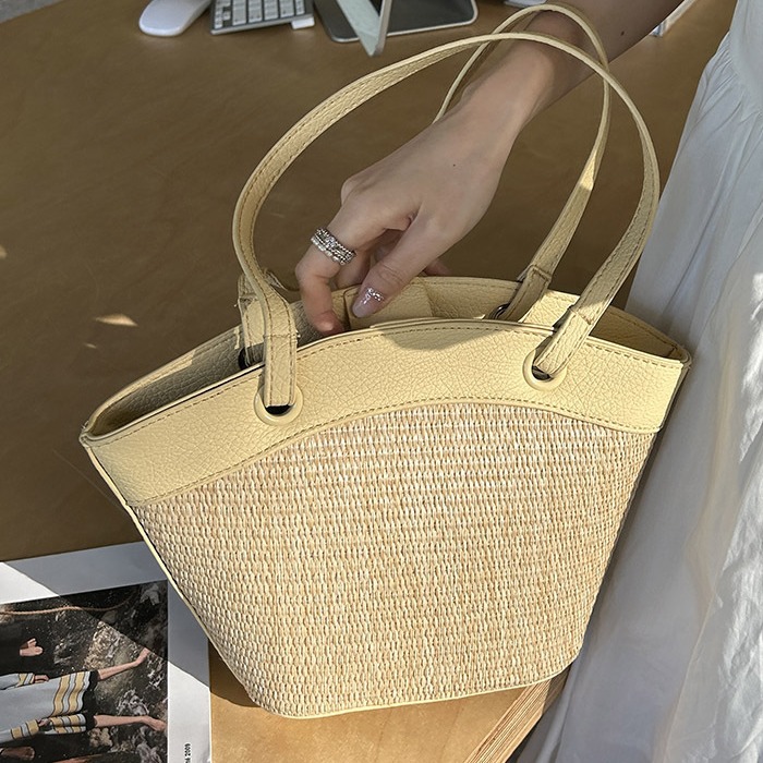 Cross-Border Straw Woven Bag For Women - Vacation Beach Casual Versatile French Retro Market Basket Shoulder Bag Fashion Woven Handbag - Thumbnail 3