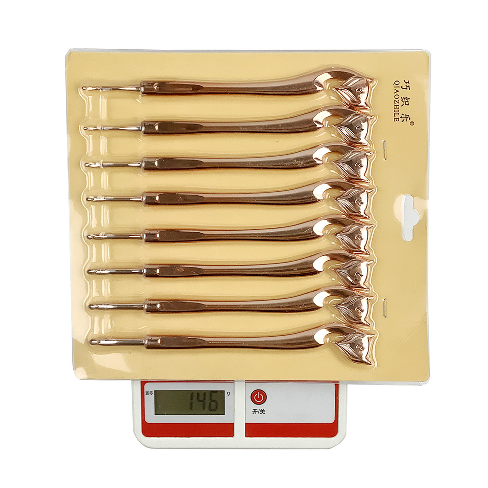 Herramientas de tejer suéter aguja cabeza zorro mango plástico galvanoplastia oro rosa crochet conjunto 8 tarjeta inserción embalaje