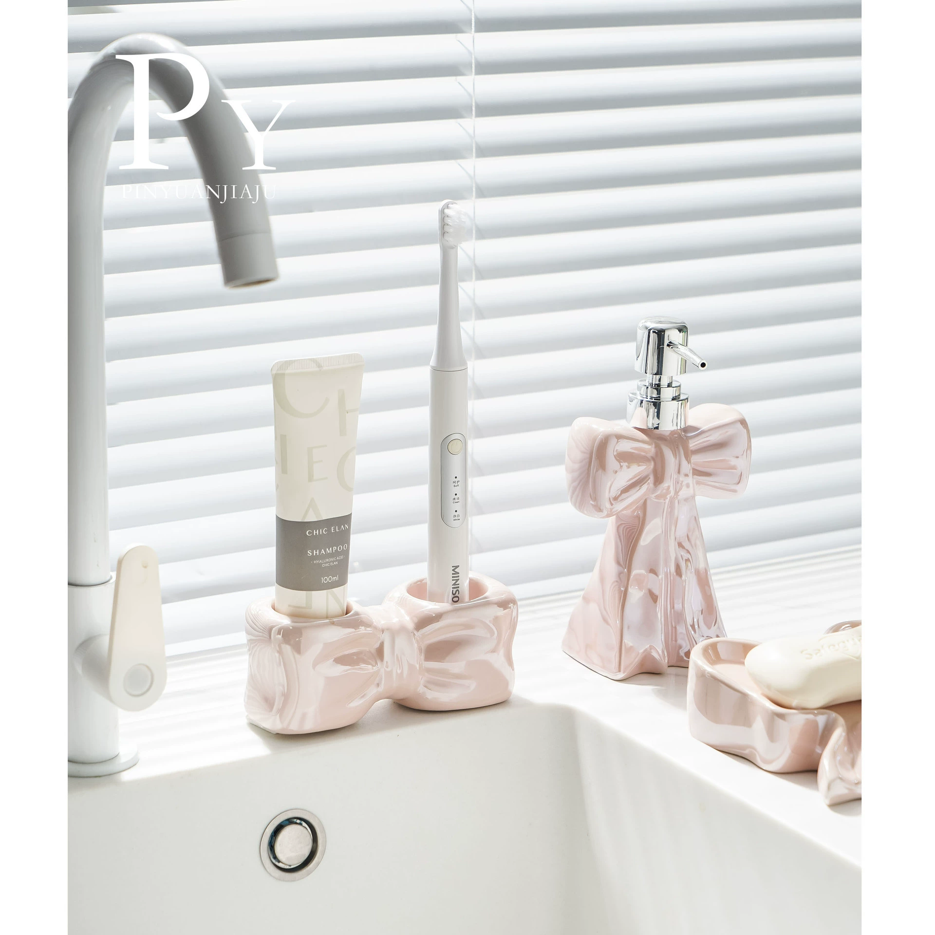 (Кросс-бордерный) Ceramic soap holder with bow, hygienic drying rack for home use, high-quality style, light luxury style