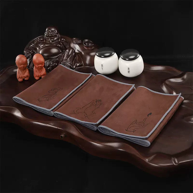 强力吸水麂皮绒印花茶巾双面可用禅意佛手精梳纱茶道毛巾现货销售