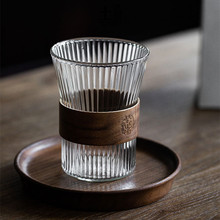 日式创意新款茶杯木扣防烫玻璃杯竖纹纹理手工加厚耐热绿茶花茶杯