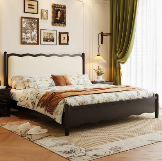 Cama de madera sólida, cama doble retro nórdica, cama ondulada de 1.8m, cama de aire medieval, cama francesa, cama principal simple y suave.