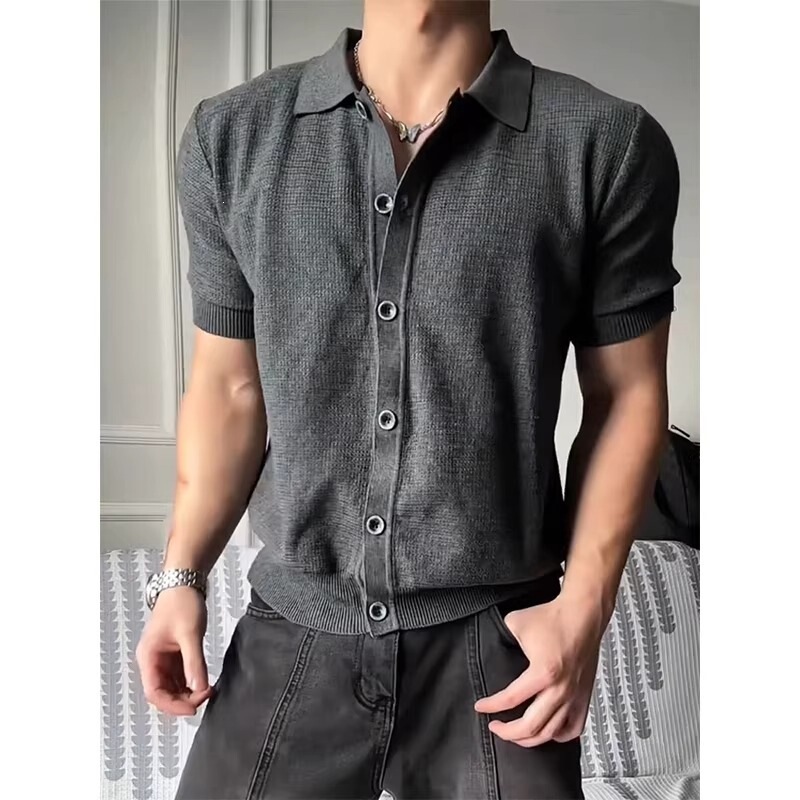 Dark Gray Button-Down Lapel Knit Short-Sleeve Shirt for Men, Summer Fitness Sports Slim-Fit T-Shirt, Thin Cardigan Jacket