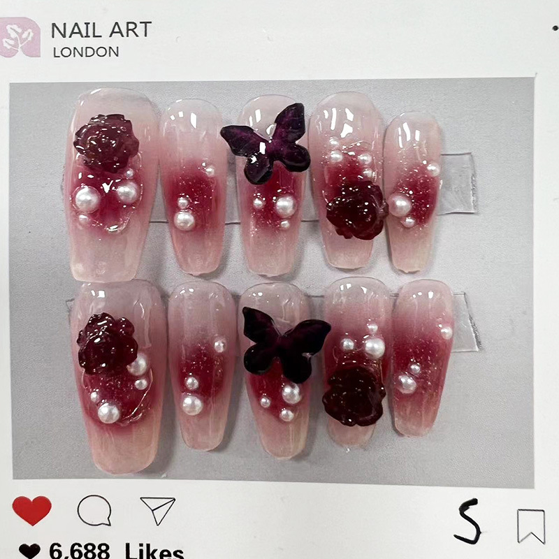 Kaiman nuevo hecho a mano de fototerapia desgaste de uñas chica caliente vino rojo Camelia mariposa desgaste uñas especial pieza de uñas al por mayor