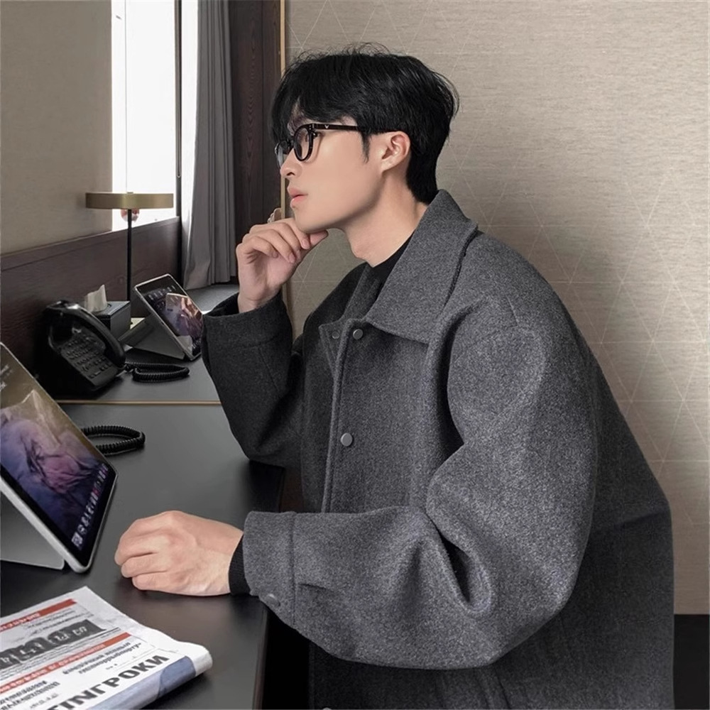 Mature and Stable Men's Gray Lapel Jacket Autum Korean Style Cleanfit Loose Woolen Outwear Jacket