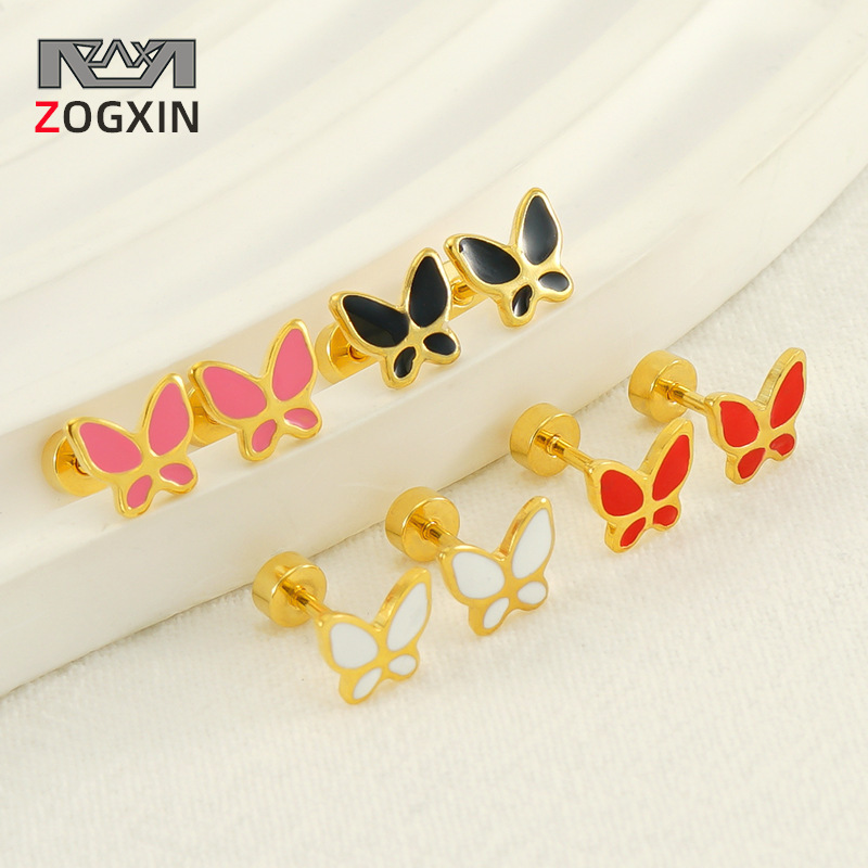 Moda europea y americana mariposa oreja hueso Stud mujeres transfronteriza lindo dulce COLOR DE ACERO INOXIDABLE esmalte pendientes de la oreja