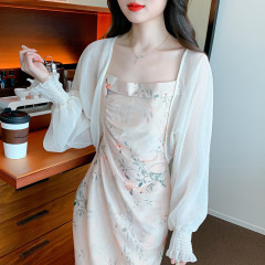 夏用小型ベスト日焼け止め服シフォンカーディガン薄手の女性用サスペンダースカートとブラウス付きフレンチルーズショールジャケット