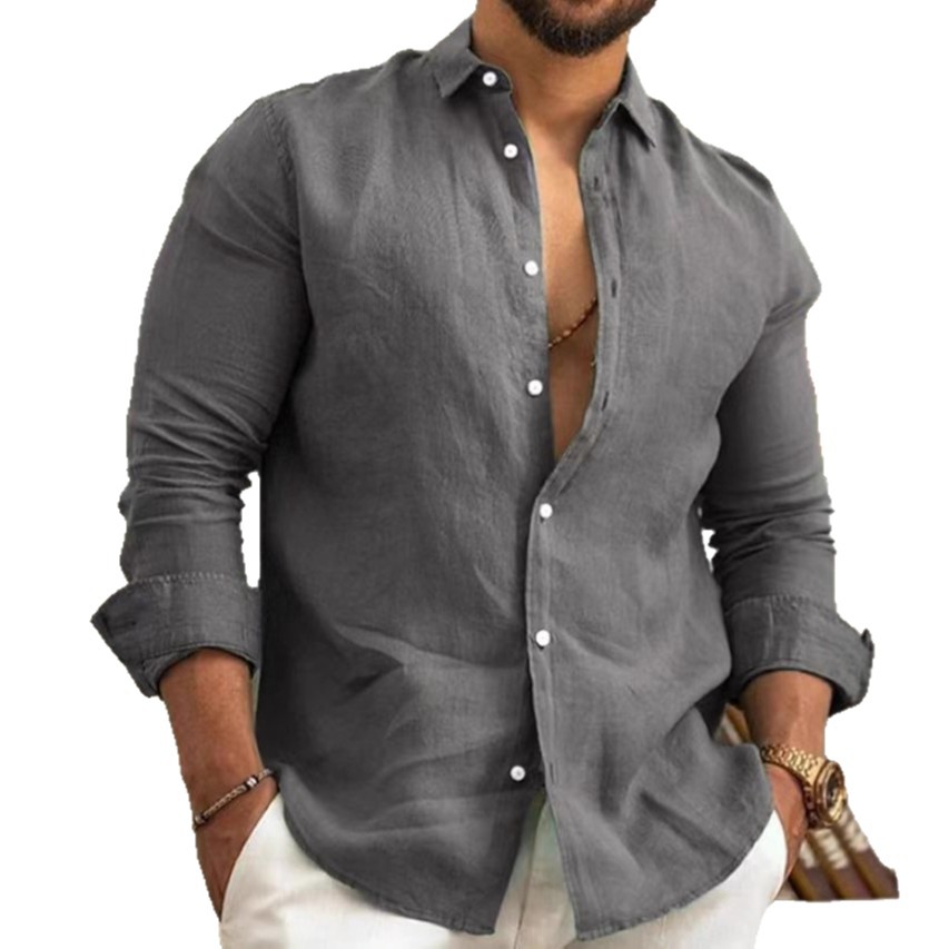Cotton And Linen Solid Color Men's Shirt Youth Casual_viptrois.com