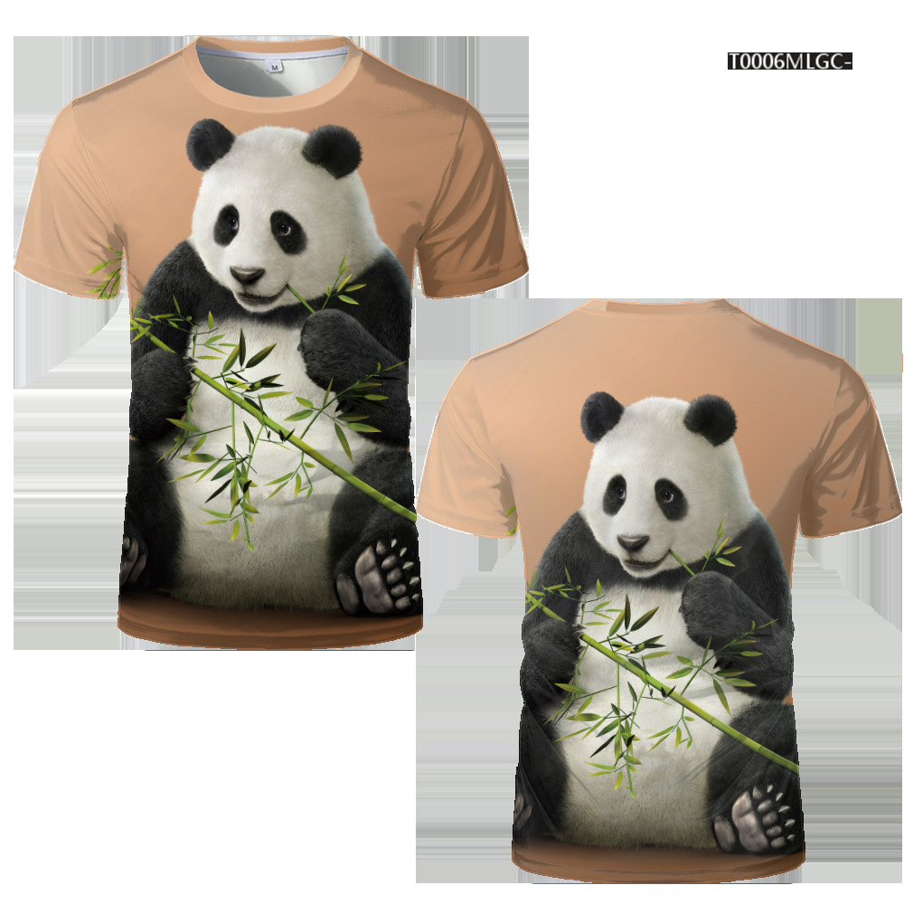 可爱动物熊猫印花3D数码T恤圆领半袖短袖t恤女宽松百搭休闲男女