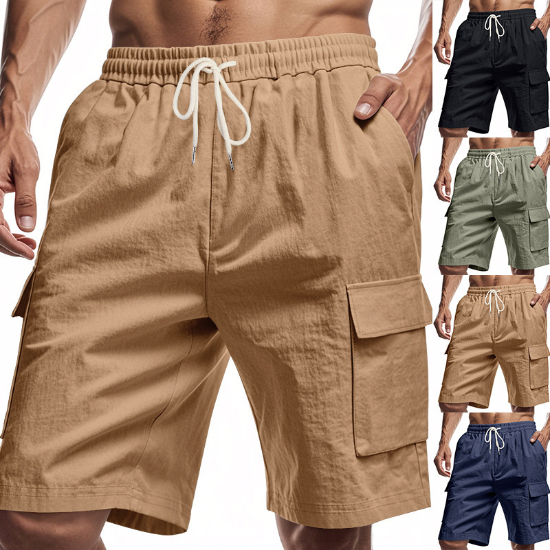 25 Cross-Border European and American Men's Beach Skin-Friendly Breathable Linen Loose Cargo Multi-Pocket Squat Jogging Casual Shorts
