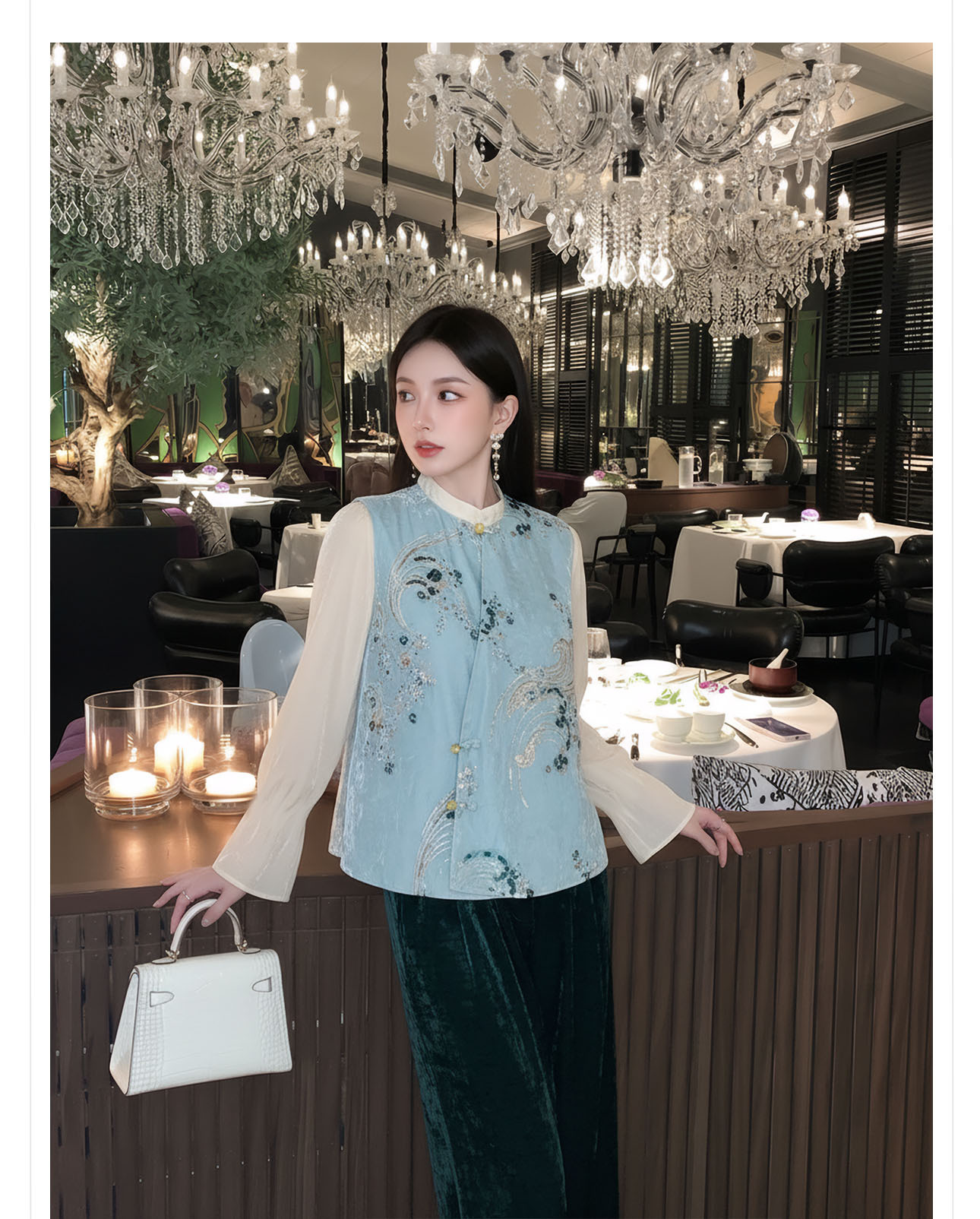Áo gile cổ lọ nữ phong cách Trung Hoa mới, thêu đính cườm họa tiết nổi bật — xanh lam chi tiết 11