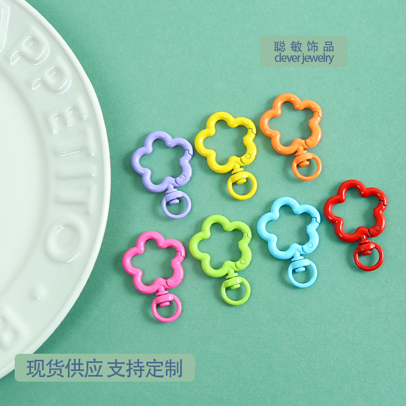 彩色烤漆花朵弹簧扣手工DIY拼豆材料钥匙扣圈手机链背包公仔批发
