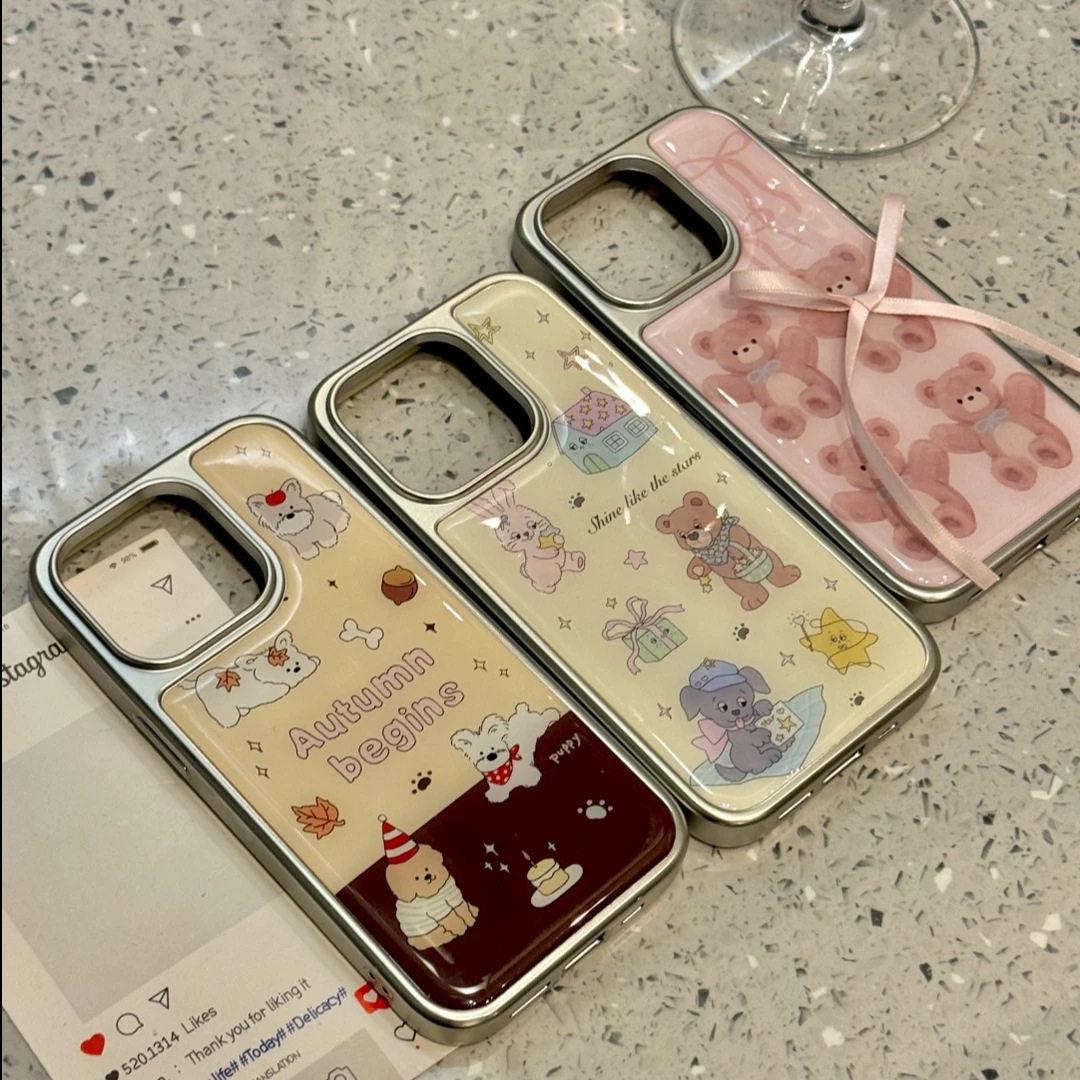 Korean-Style Cute Bow-Knot Bear Phone Case Suitable for Apple iPhone 17/16, Electroplated 15, Hydrogel 13, Case Set 14
