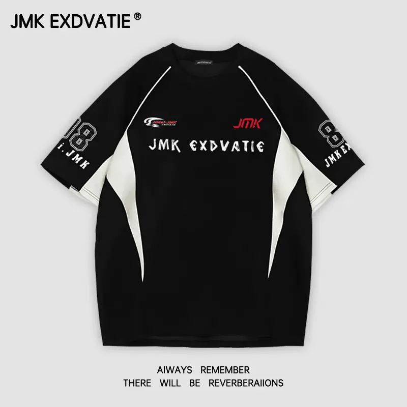 JMK EXDVATIE美式复古潮牌街头设计感拼接撞色字母印花短袖t恤男