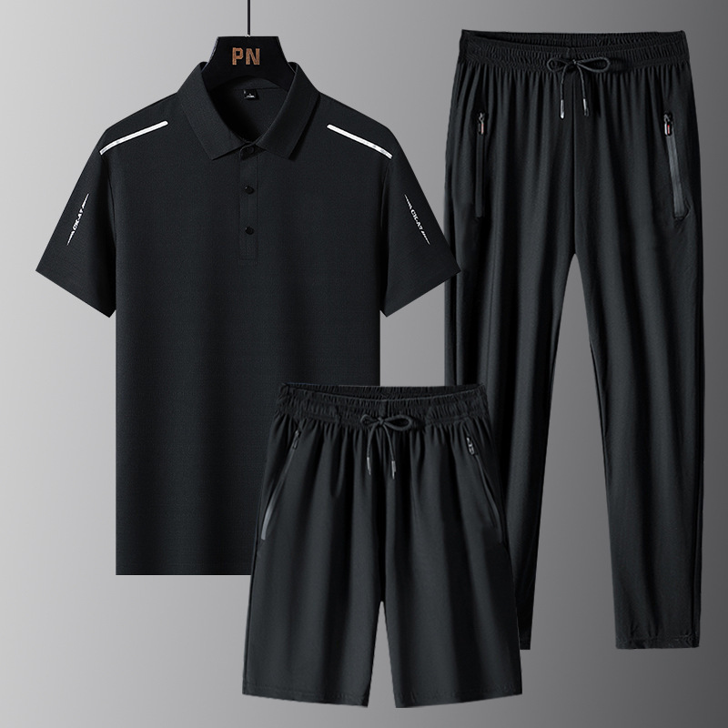 enfriamiento ventilación polo seda de hielo hombre manga corta camiseta de verano larga ropa casual de hombre tres piezas