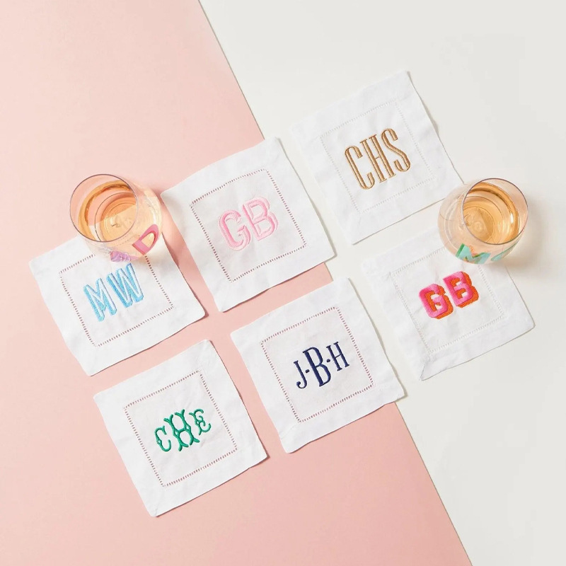 etsy Amazon ホットセールパーソナライズされた刺繍単一文字カクテルナプキンレストランレストランホワイトリネンナプキン|undefined