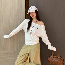 美式复古烫钻铆钉刺绣斜肩长袖T恤2025秋季新款宽松设计感上衣女