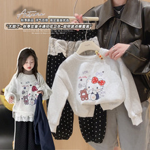 儿童秋款套装女童卡通kt猫印花长袖宽松黑色波点法式蕾丝屁帘长裤